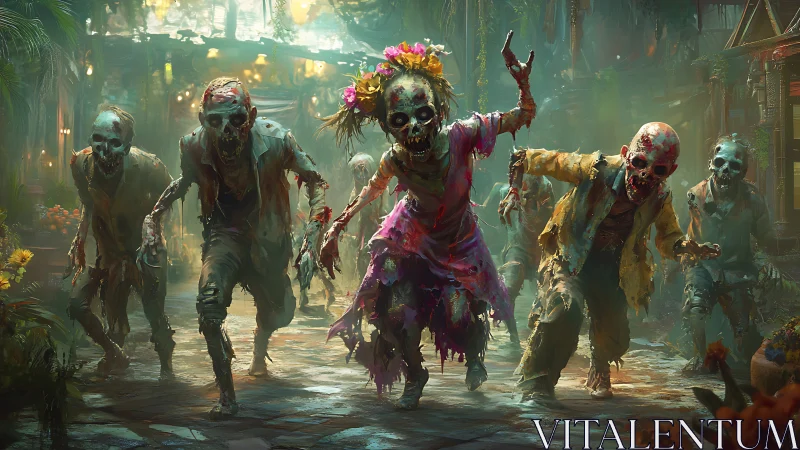 Group of decayed zombies advancing in colorful street scene.