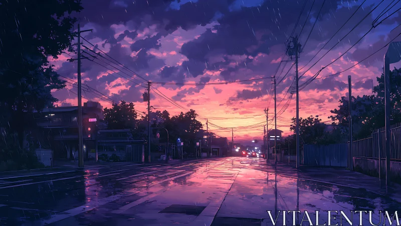 Rain-soaked suburban street under vivid neon dusk sky.