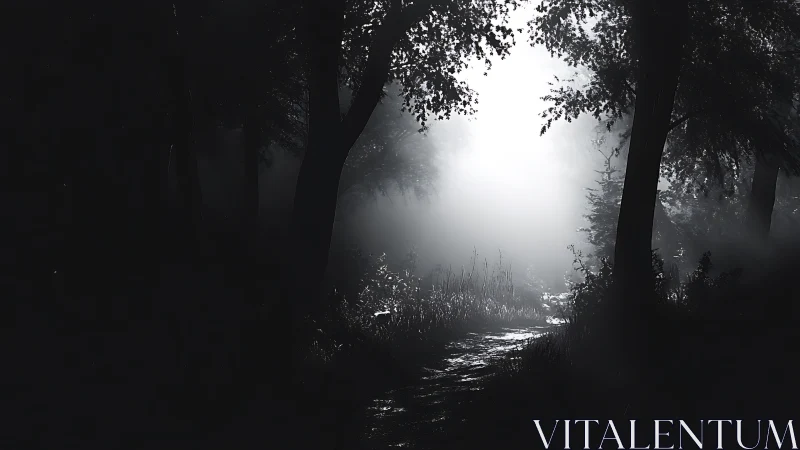 Misty Forest Path Glowing Through Ancient Trees