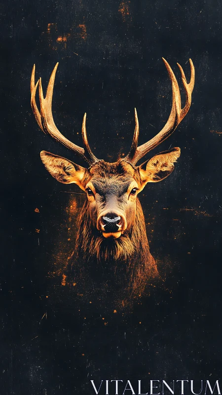 Stag portrait with glowing antlers on dark textured background.