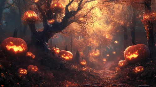 Backlit forest trail lined with glowing carved jack o lanterns