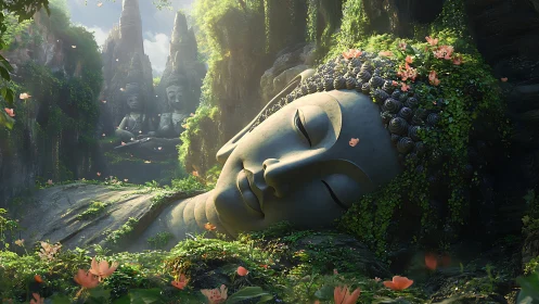 Monumental reclining Buddha overgrown with luminous valley flora.