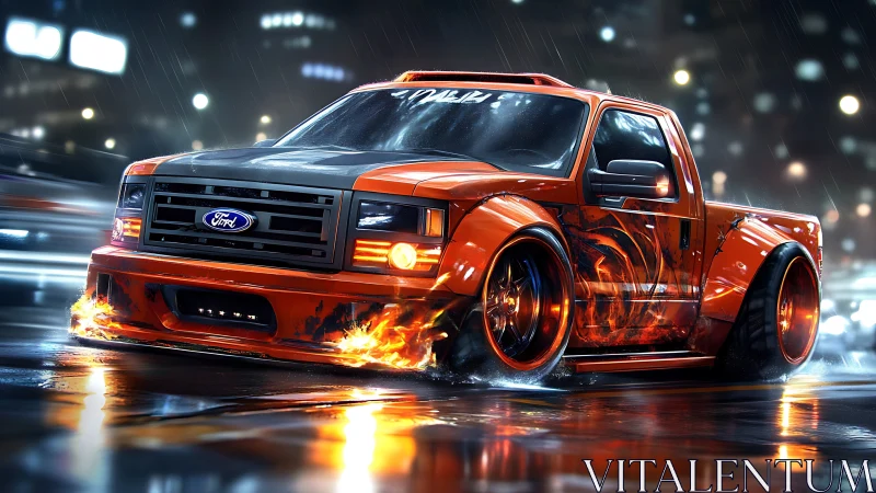 Lowered Ford drift truck burns wet neon city street.