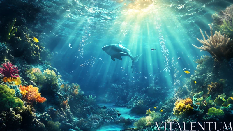 Sunlit shark glides through vivid coral reef sanctuary.