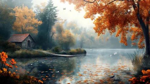 Mist-kissed autumn lake cradling a hidden stone refuge.