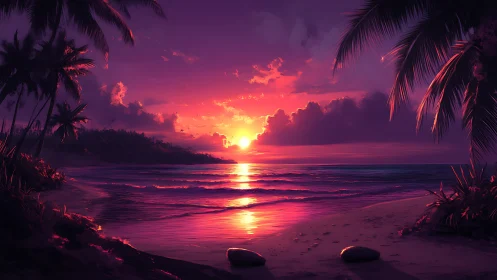 Tropical beach sunset with vivid purple and orange sky.