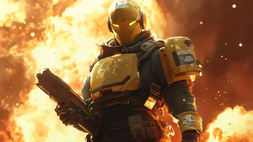 Armored sci fi trooper stands before incendiary explosion
