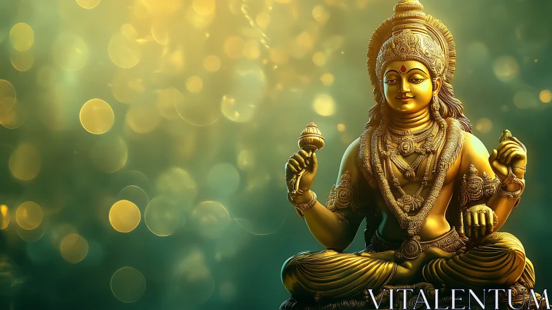 Golden multi-armed deity statue sits against bokeh field