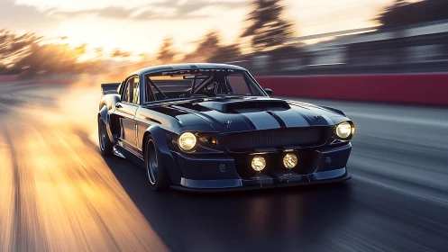 Sunset sprint with a classic muscle car in full flight.