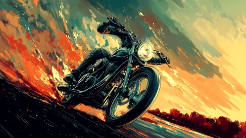 Sunset highway roar with a lone rider in vivid motion.
