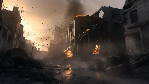 War-torn city street burns under a bleak smoky sky.