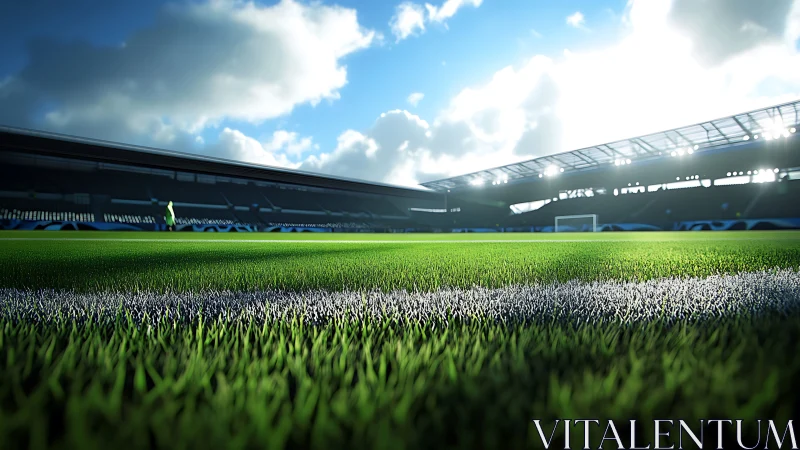 Sunlit football pitch close-up with bright stadium lights.