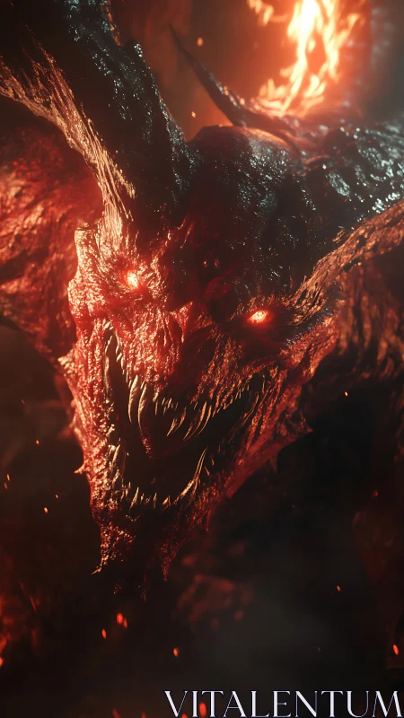 Infernal demon portrait with burning eyes and fanged grin.