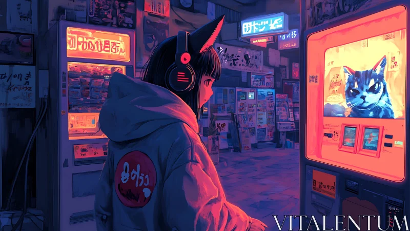 Neon night wanderer meets luminous cyberpunk cat vending glow.