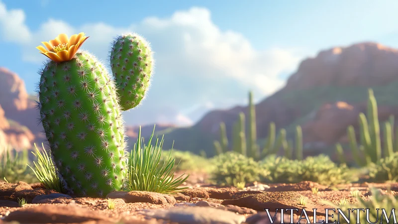 Sunlit cartoon cactus with yellow bloom in soft desert vista.