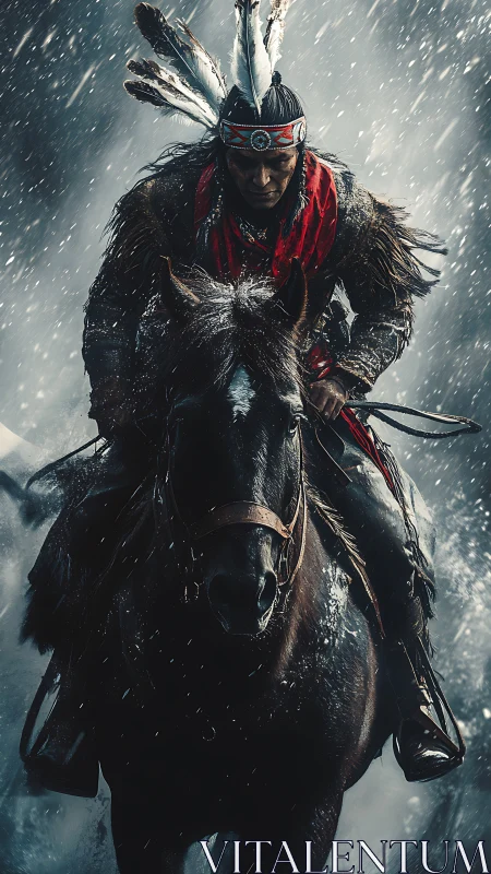 Storm-charged warrior on horseback in cinematic snowfall.