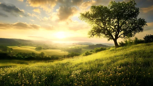 Sunlit hillside meadow under solitary tree at sunrise.