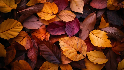 Overlapping autumn leaves form a dense, multicolored surface
