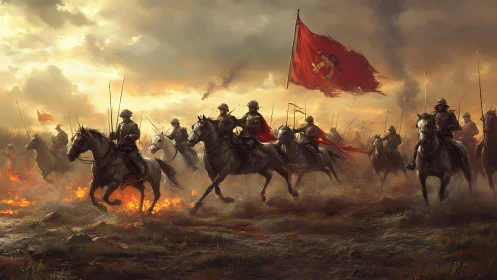 Armored cavalry charge across burning battlefield at dusk.