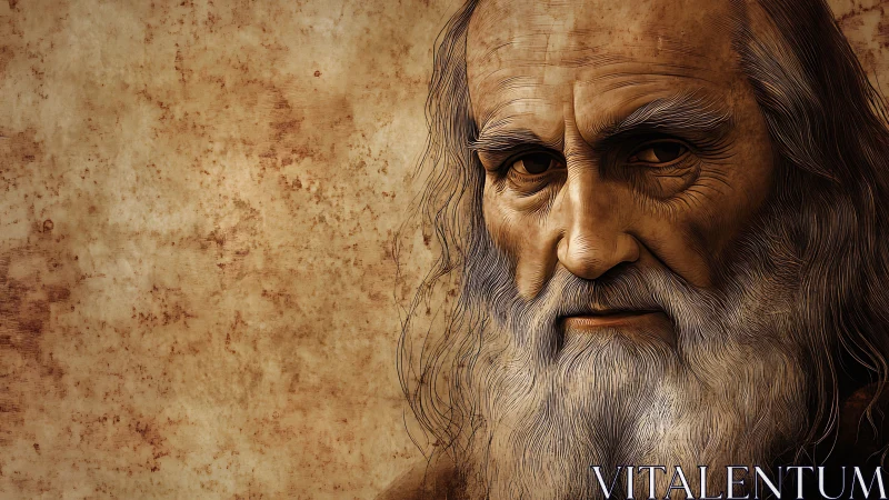 Weathered elder’s intense gaze emerges from aged parchment