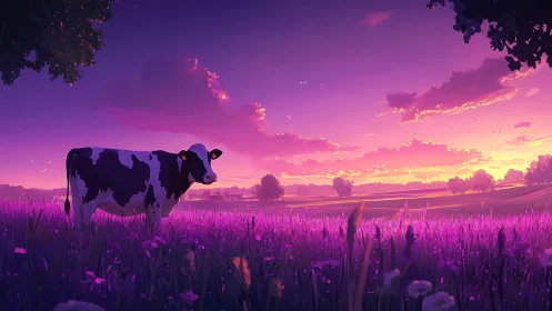 Cow stands in violet meadow under glowing sunset sky.