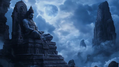 Monumental seated deity statue amid misty mountain clouds.