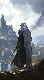 Armored figure observes fortified mountain castle landscape