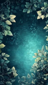 Teal forest foliage frame around empty center space.