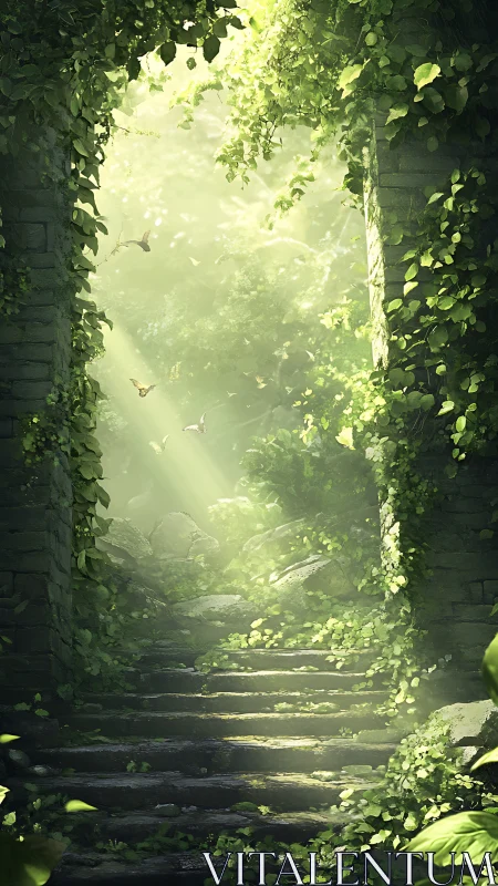 Sunlit stone stairway into a quiet enchanted forest doorway.