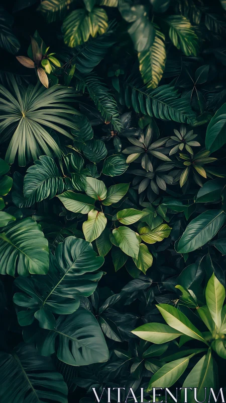 High-contrast tropical foliage canopy with layered leaf geometry