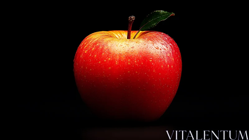 Red apple with water droplets on black background.