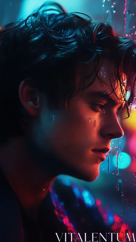 Neon rain portrait with cinematic bokeh and moody rim lighting.