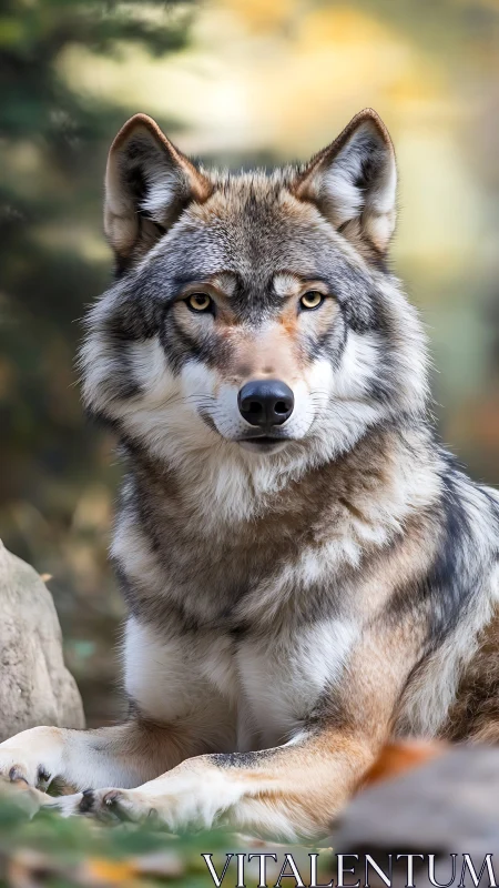 Calm forest wolf resting in soft autumn woodland light.