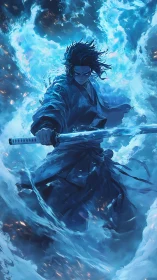 Samurai warrior wielding katana in swirling blue energy.