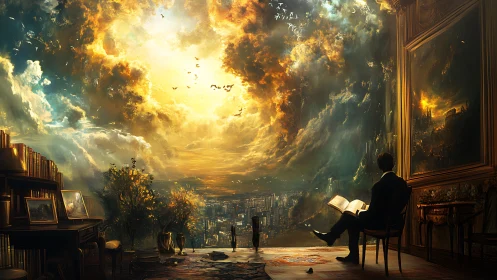 Solitary reader overlooking luminous apocalyptic sky portal