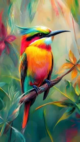 Neon-plumed jungle songbird perched in painterly twilight.