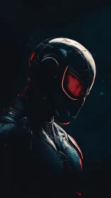 Dark armored sci fi soldier in red lit profile view.