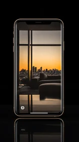 Smartphone framing modern city sunset through window.
