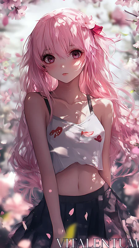 Blossom-drift daydream girl under a storm of soft petals.