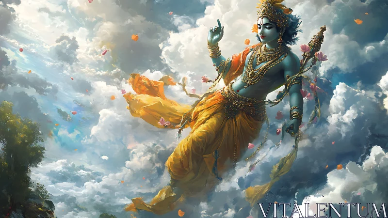 Blue-skinned divine figure floating amid dense cloudscape.