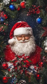 Santa portrait framed by Christmas wreath and falling snow.