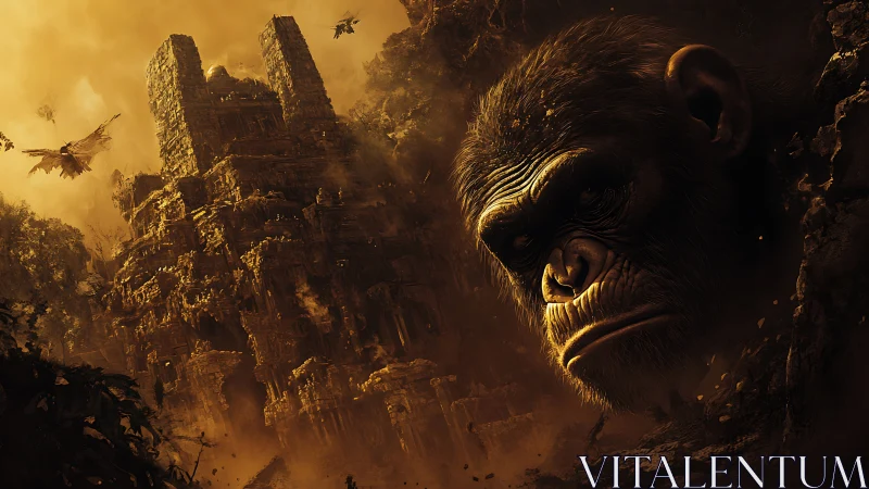 Colossal simian visage overlooking eroded jungle megastructure