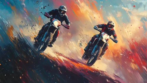 Twin dirt bikers carve neon dust through a painted sky.