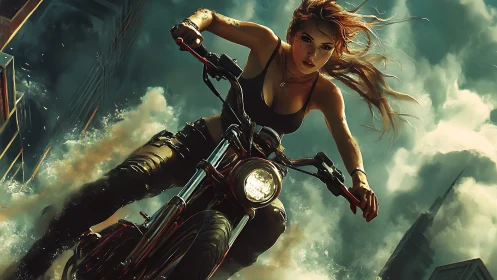 Motorcycle rider speeds through stormy futuristic city streets