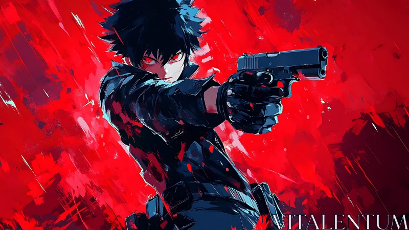 Dark anime gunman aims forward amid violent red chaos