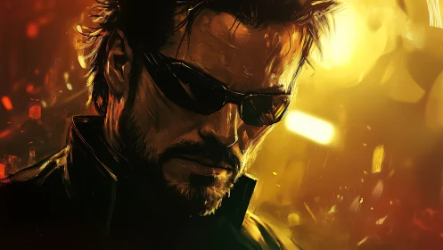 Brooding cyberpunk antihero in blazing golden light.