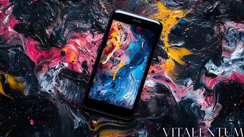 Color-splashed smartphone drifting through digital paintstorm.