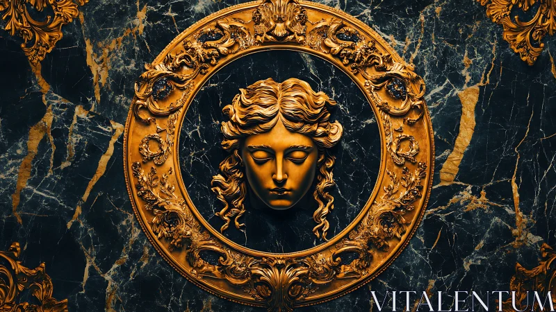 Baroque gilded portrait medallion contrasts with dark marble