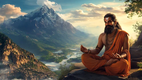Meditating ascetic sits on rock ledge before distant mountain peak