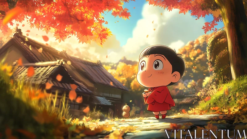 Small child wanders a glowing autumn path by rural house